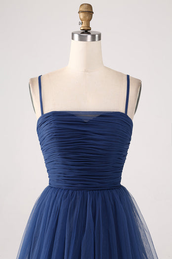 A Line Spaghetti Straps Tiered Tulle Plisseret Prom Dress med slids