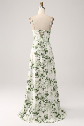 Cowl hals grøn blomster: A Line Prom Dress med slids