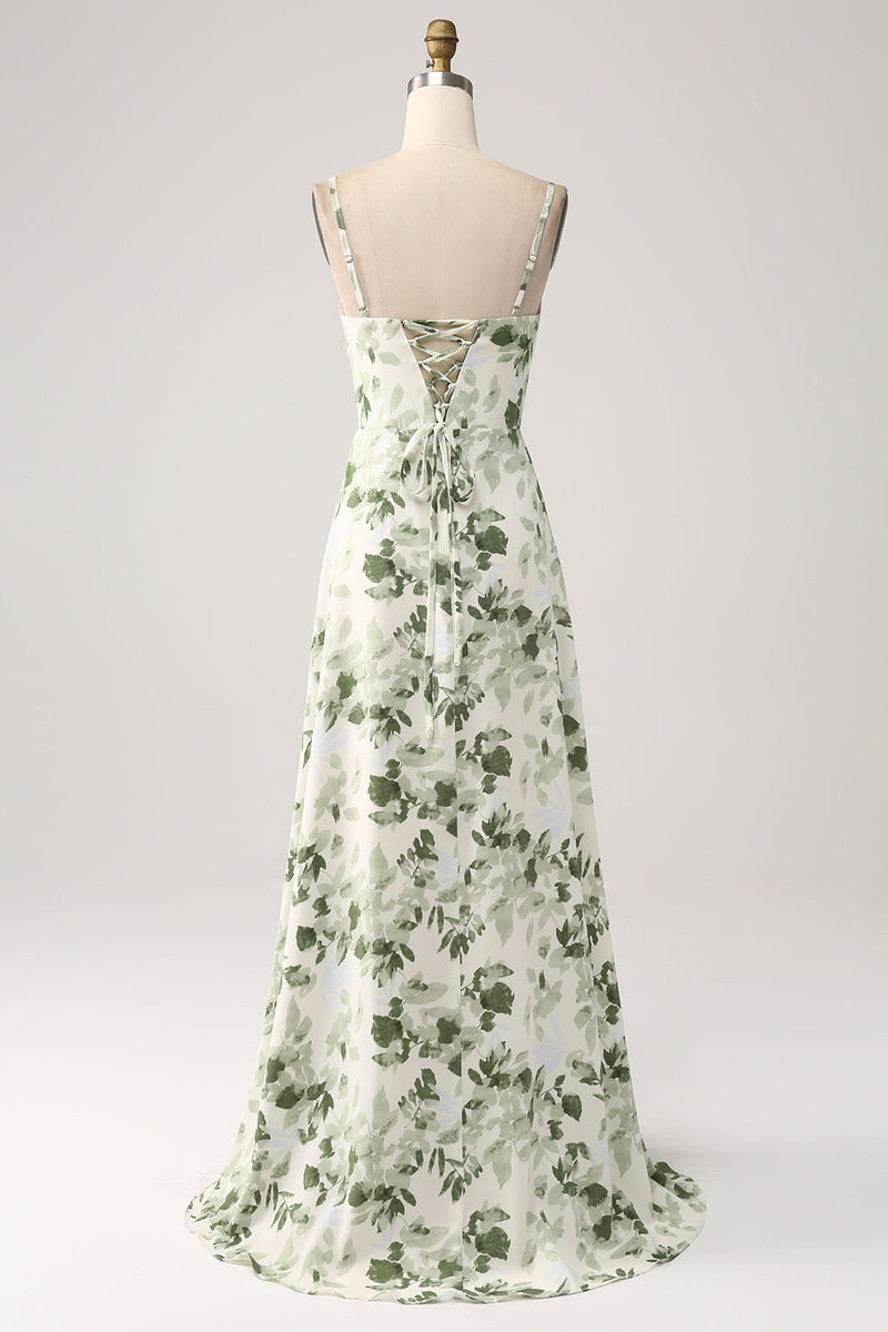 Indlæs billede til gallerivisning Cowl hals grøn blomster: A Line Prom Dress med slids