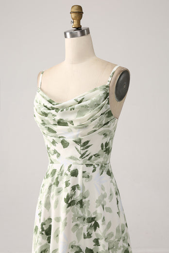 Cowl hals grøn blomster: A Line Prom Dress med slids