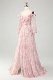 Blush Flower A-Line Off The Shoulder Print Prom Dress med slids