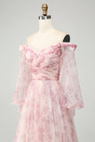 Blush Flower A-Line Off The Shoulder Print Prom Dress med slids