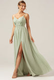 Dusty Sage A-Line Spaghetti Straps Chiffon Long Brudepige Kjole med slids