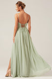 Dusty Sage A-Line Spaghetti Straps Chiffon Long Brudepige Kjole med slids