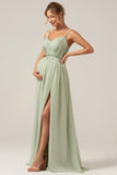 Dusty Sage A-Line Spaghetti Straps Chiffon Long Brudepige Kjole med slids