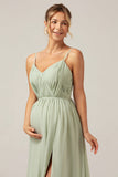 Dusty Sage A-Line Spaghetti Straps Chiffon Long Brudepige Kjole med slids