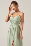 Dusty Sage A-Line Spaghetti Straps Chiffon Long Brudepige Kjole med slids