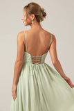 Dusty Sage A-Line Spaghetti Straps Chiffon Long Brudepige Kjole med slids