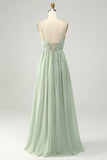 A-Line Dusty Sage Chiffon Spaghetti Straps Lang brudepigekjole med slids