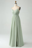 A-Line Dusty Sage Chiffon Spaghetti Straps Lang brudepigekjole med slids