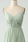 A-Line Dusty Sage Chiffon Spaghetti Straps Lang brudepigekjole med slids