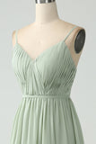 A-Line Dusty Sage Chiffon Spaghetti Straps Lang brudepigekjole med slids