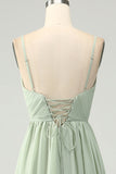 A-Line Dusty Sage Chiffon Spaghetti Straps Lang brudepigekjole med slids