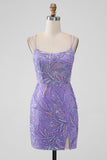 Sparkly Lilac Bodycon pailletter Appliques Kort Homecoming kjole med slids