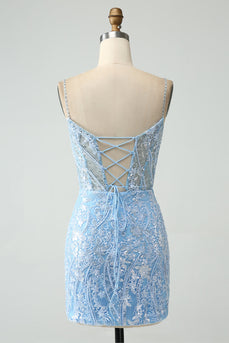 Glitrende himmelblå spaghettistropper Beaded kort homecoming kjole