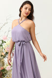 En Line Halter Purple Long Brudepige Kjole med Bowknot