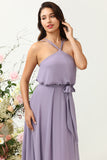 En Line Halter Purple Long Brudepige Kjole med Bowknot