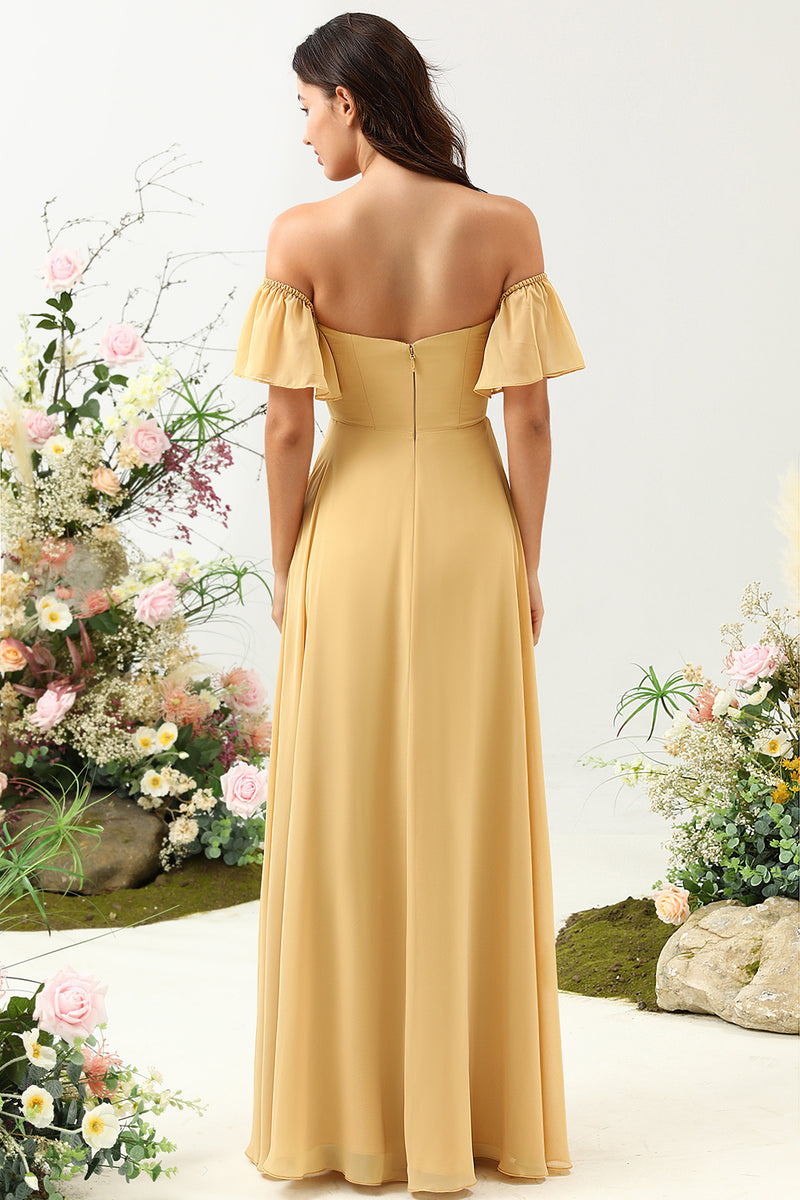 Indlæs billede til gallerivisning En linje fra skulderen gul blomst trykt plus size brudepigekjole
