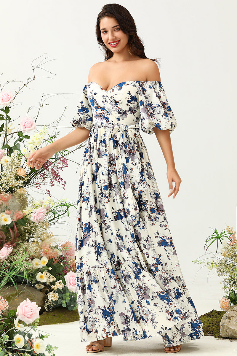 Indlæs billede til gallerivisning Hvid blå blomst Boho brudepige kjole