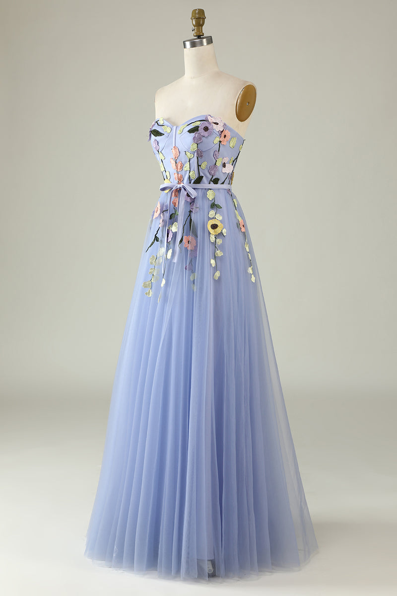 Indlæs billede til gallerivisning En Line Sweetheart Lavendel Long Prom Kjole med applikationer