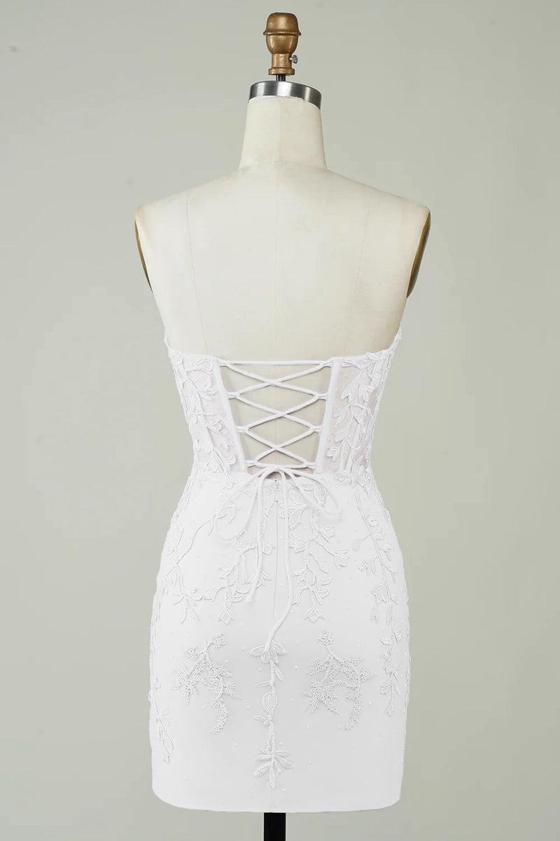 Indlæs billede til gallerivisning Spaghetti Stropper Bodycon Lille hvid kjole med applikationer