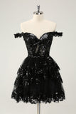 Sparkly Black A Line Off The Shoulder Corset Tiered Lace Kort Cocktailkjole