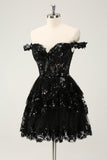 Sparkly Black A Line Off The Shoulder Corset Tiered Lace Kort Cocktailkjole