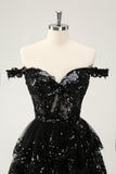 Sparkly Black A Line Off The Shoulder Corset Tiered Lace Kort Cocktailkjole