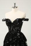 Sparkly Black A Line Off The Shoulder Corset Tiered Lace Kort Cocktailkjole