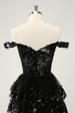 Sparkly Black A Line Off The Shoulder Corset Tiered Lace Kort Cocktailkjole