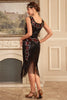 Indlæs billede til gallerivisning Sort ærmeløs pailletter 1920&#39;erne Flapper kjole med frynser