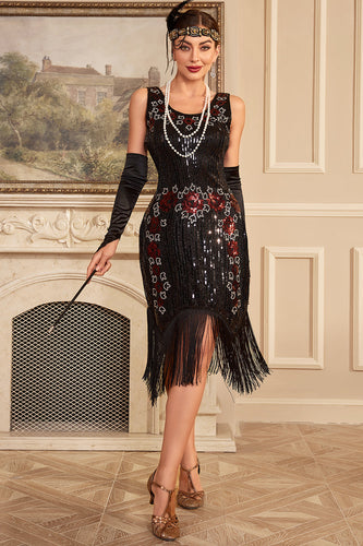 Sort ærmeløs pailletter 1920'erne Flapper kjole med frynser