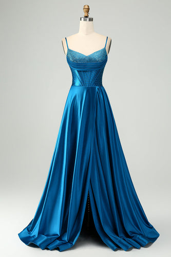 Sparkly Dark Blue A Line Corset Beaded Long Prom Dress med slids