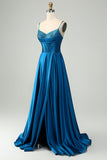 Sparkly Dark Blue A Line Corset Beaded Long Prom Dress med slids