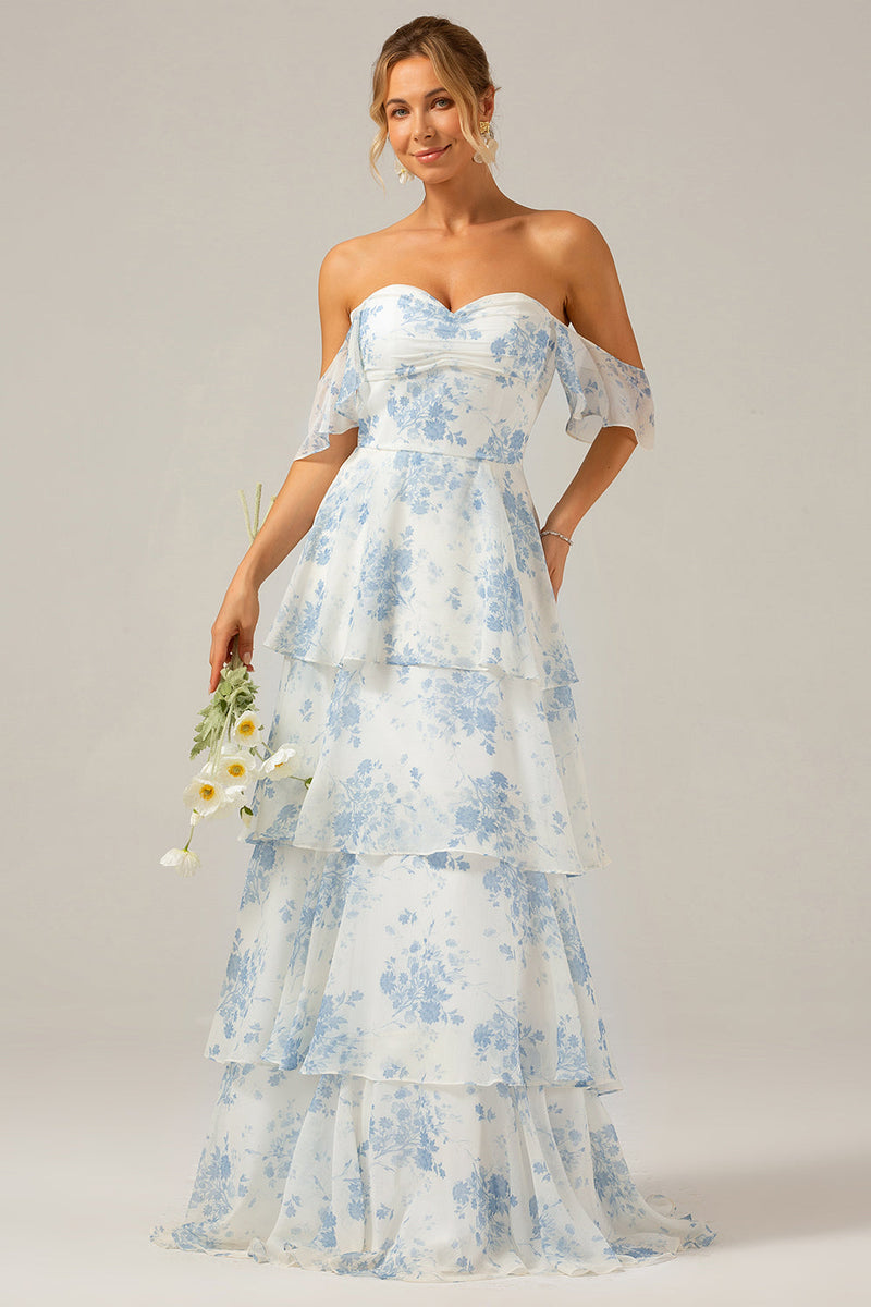Indlæs billede til gallerivisning Hvid blå blomstret Boho Chiffon flæset lang brudepigekjole