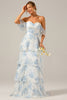 Indlæs billede til gallerivisning Hvid blå blomstret Boho Chiffon flæset lang brudepigekjole