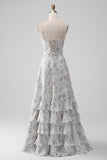 Hvidbrun blomst A Line Spaghetti Straps Brudepige kjole med flæser