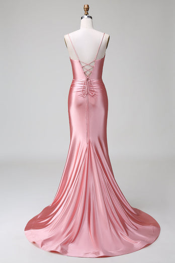 Blush Mermaid Spaghetti Straps Satin Prom Dress med slids