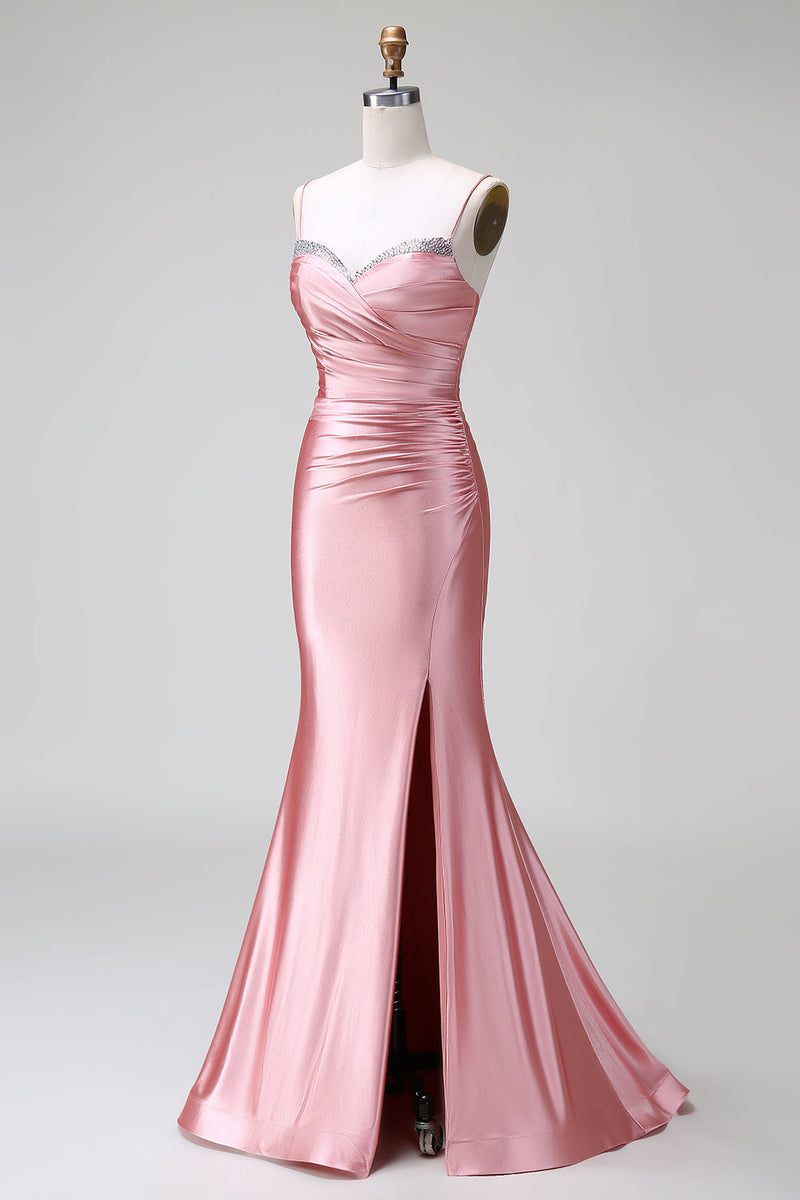 Indlæs billede til gallerivisning Blush Mermaid Spaghetti Straps Satin Prom Dress med slids