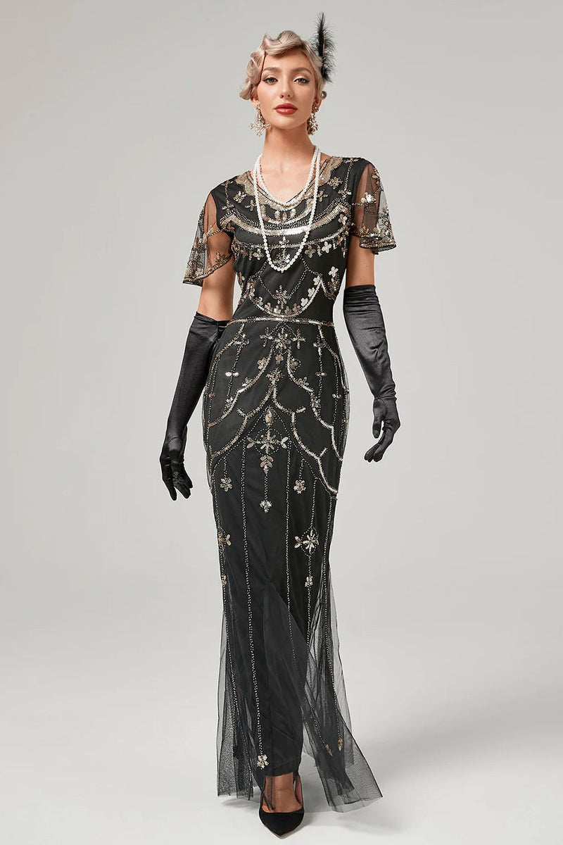 Indlæs billede til gallerivisning Sort perle lang flapper kjole med tilbehør fra 1920&#39;erne