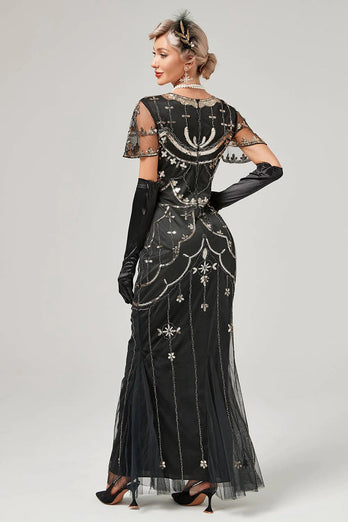 Sort perle lang flapper kjole med tilbehør fra 1920'erne