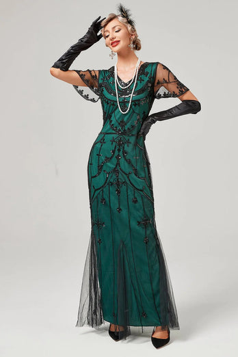 Sort perle lang flapper kjole med tilbehør fra 1920'erne