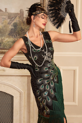Mørkegrønne pailletter frynsede kjole fra 1920'erne med tilbehørssæt