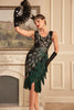Indlæs billede til gallerivisning Mørkegrønne pailletter frynsede kjole fra 1920&#39;erne med tilbehørssæt