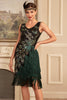 Indlæs billede til gallerivisning Mørkegrønne pailletter frynsede kjole fra 1920&#39;erne med tilbehørssæt