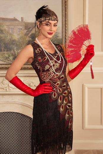 Glitrende bordeaux pailletter fra 1920'erne kjole med tilbehørssæt