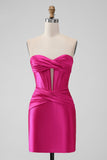 Stilfuld Fuchsia Bodycon Sweetheart Satin Korset Kort Cocktailkjole