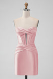 Stilfuld Fuchsia Bodycon Sweetheart Satin Korset Kort Cocktailkjole