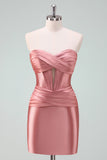 Stilfuld Fuchsia Bodycon Sweetheart Satin Korset Kort Cocktailkjole