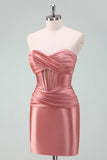 Stilfuld Fuchsia Bodycon Sweetheart Satin Korset Kort Cocktailkjole